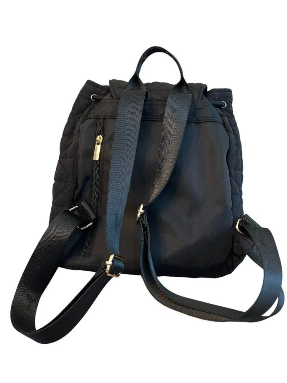 Black Quilted Mini Backpack Faux Leather Adjustable Straps Drawstring New